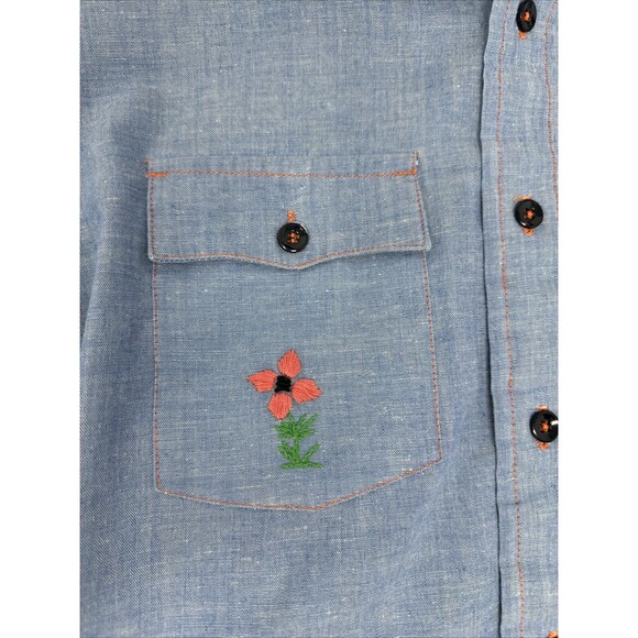 Vintage 60s/70s Hand Embroidered Chambray Shirt Palm Tree Sears Put-on Shop - Picture 8 of 14